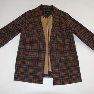Liverpool Women's Boyfriend Blazer Jacket Size XL Plaid Navy Blue Orange EUC